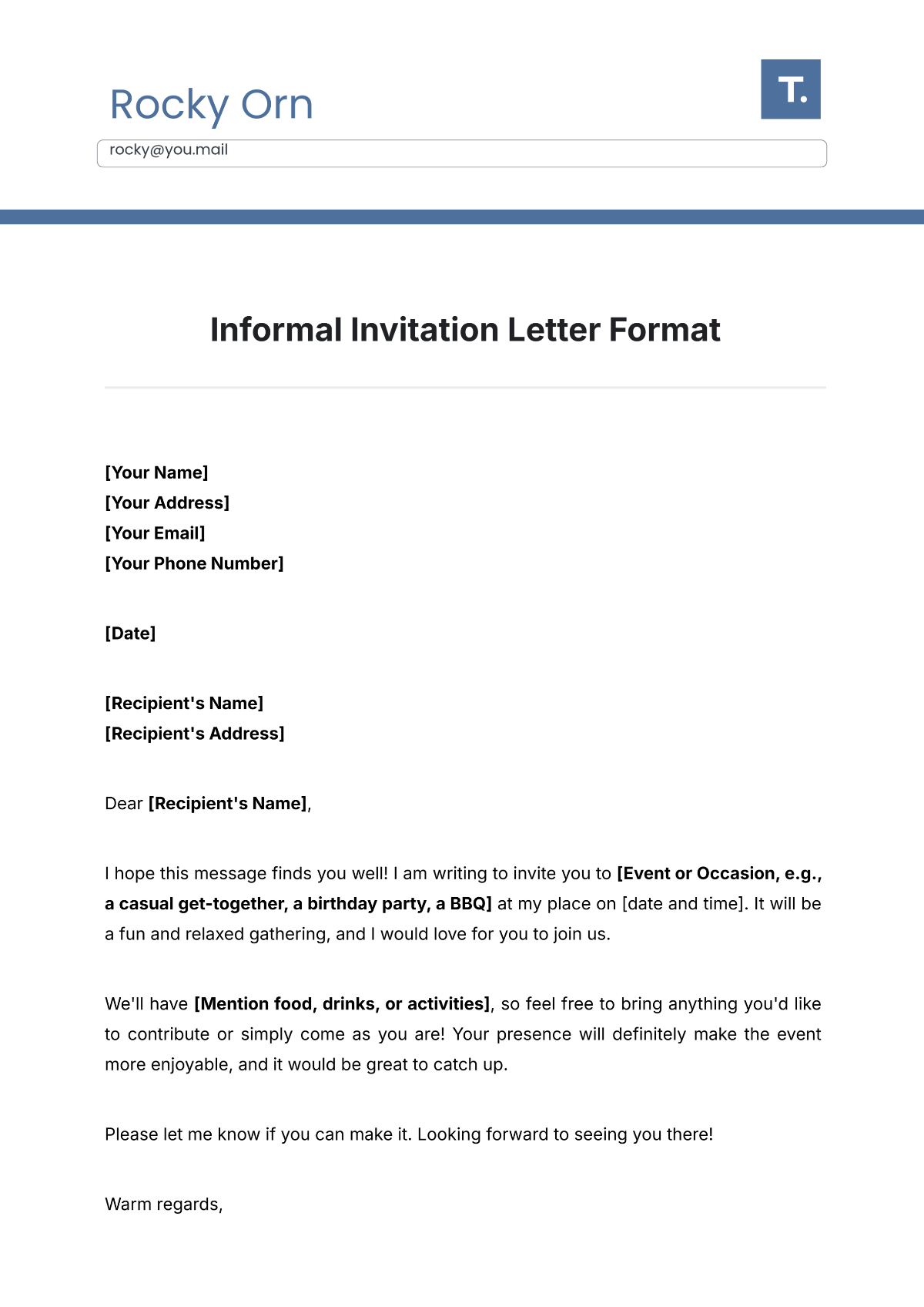 Informal Invitation Letter Format Template