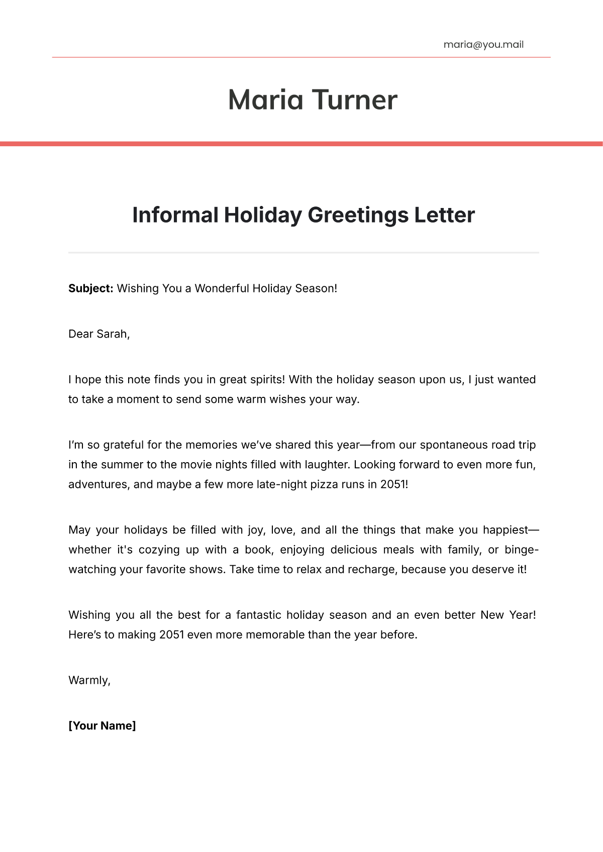 Informal Holiday Greetings Letter Template