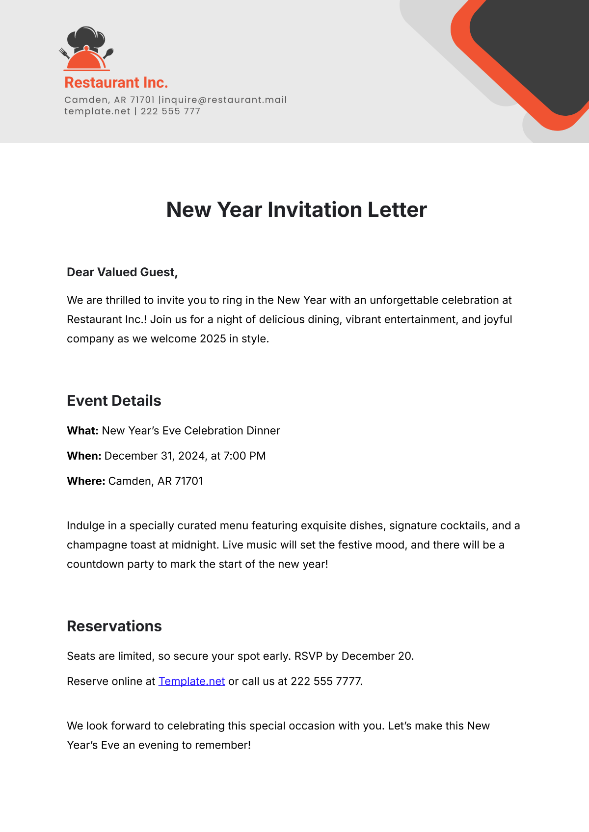 New Year Invitation Letter Template - Edit Online & Download