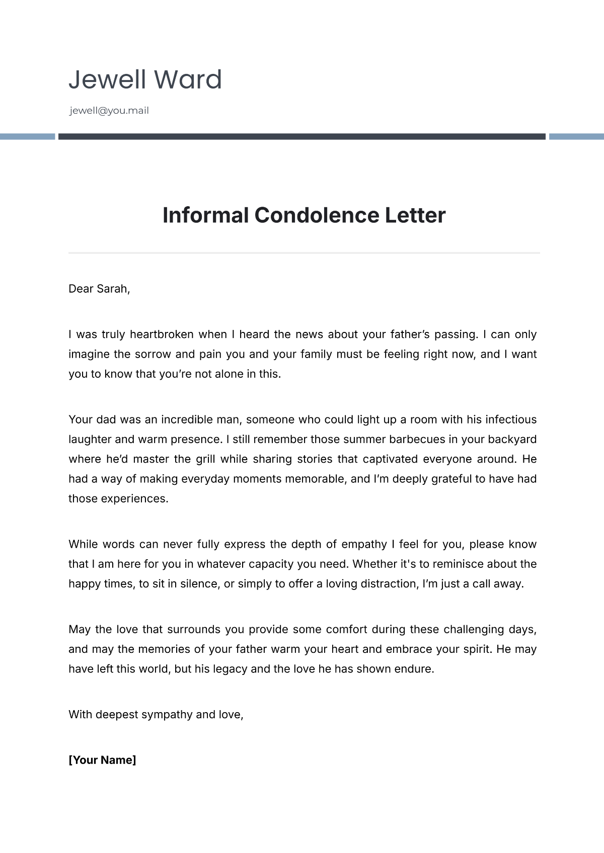 Informal Condolence Letter Template