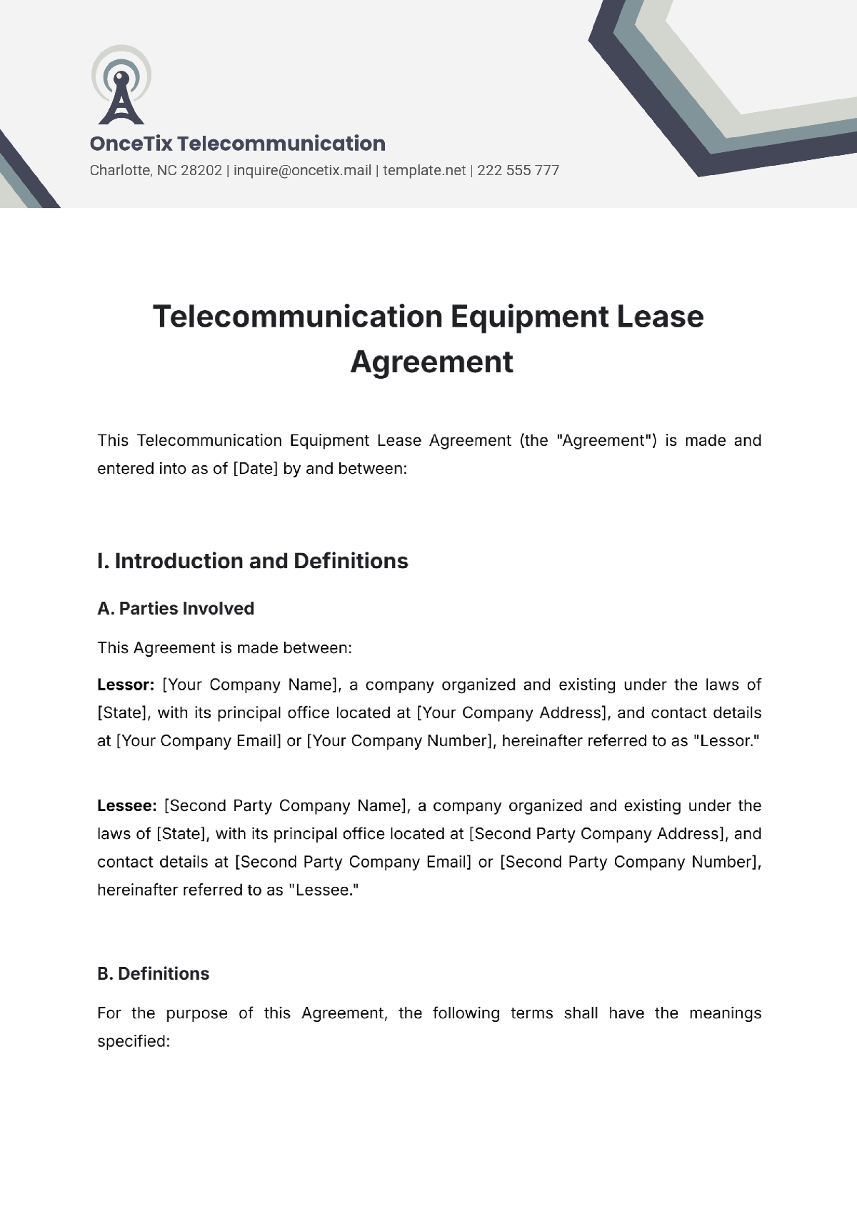 Telecommunication Equipment Lease Agreement Template - Edit Online & Download