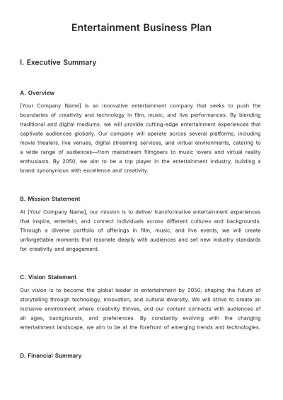 Free Entertainment Business Plan Template to Edit Online