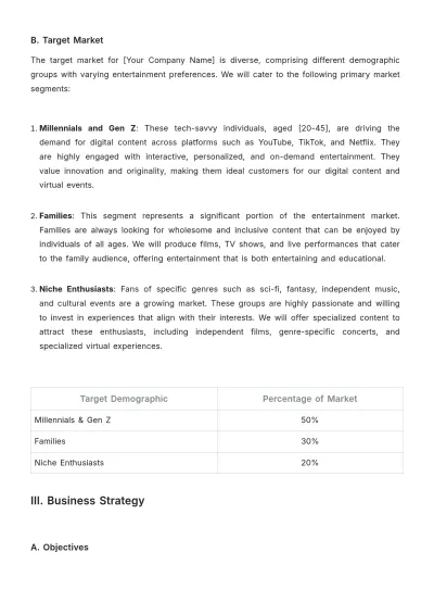 Free Entertainment Business Plan Template to Edit Online