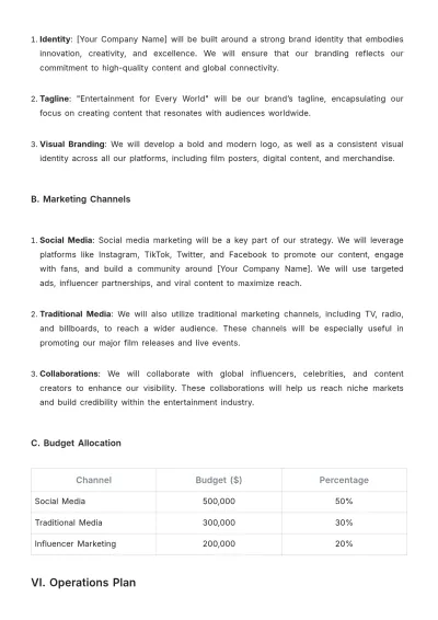 Free Entertainment Business Plan Template to Edit Online