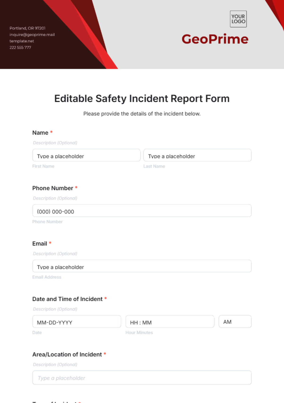 Editable Safety Incident Report Form Template - Edit Online & Download