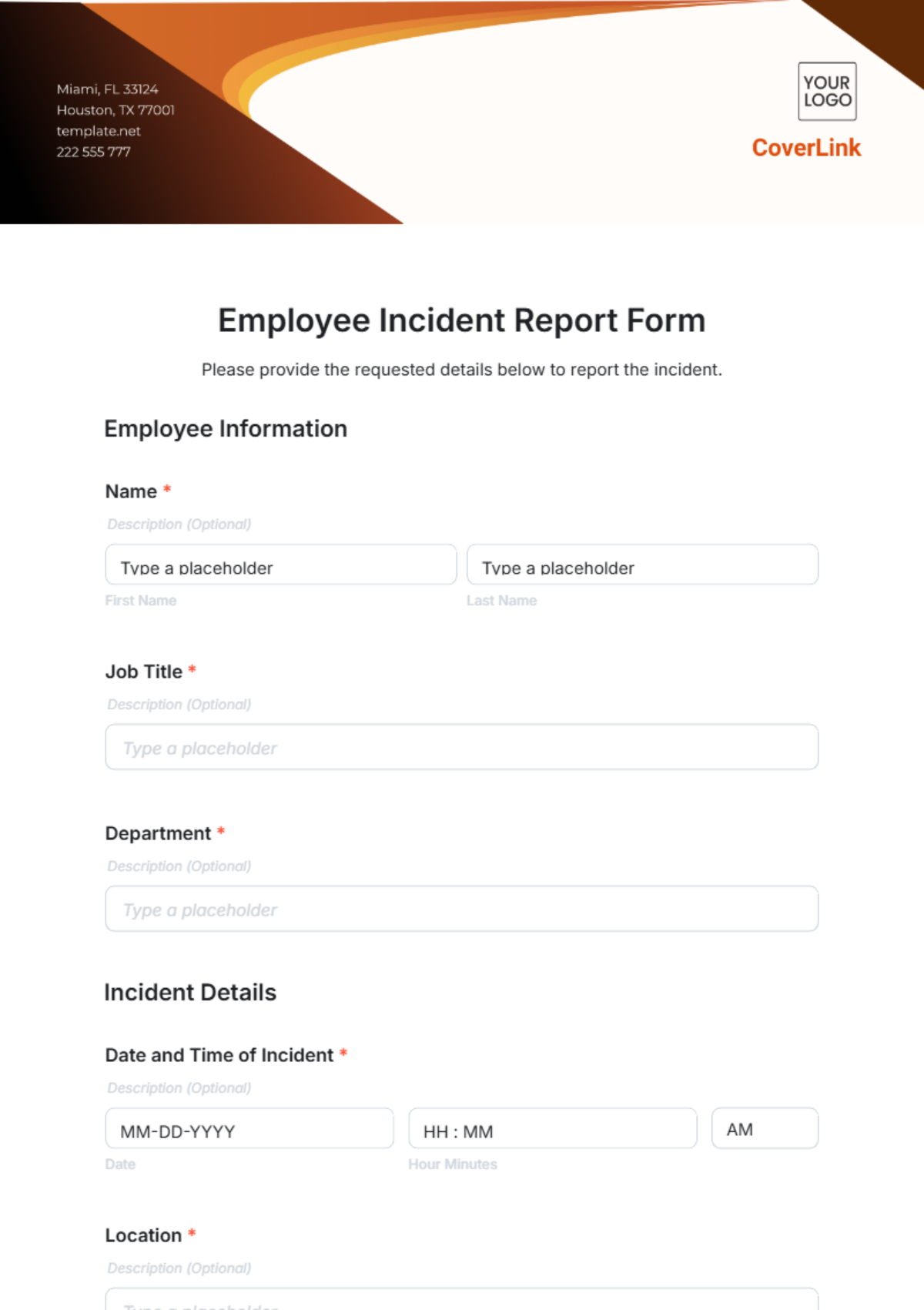 Employee Incident Report Form Template - Edit Online & Download