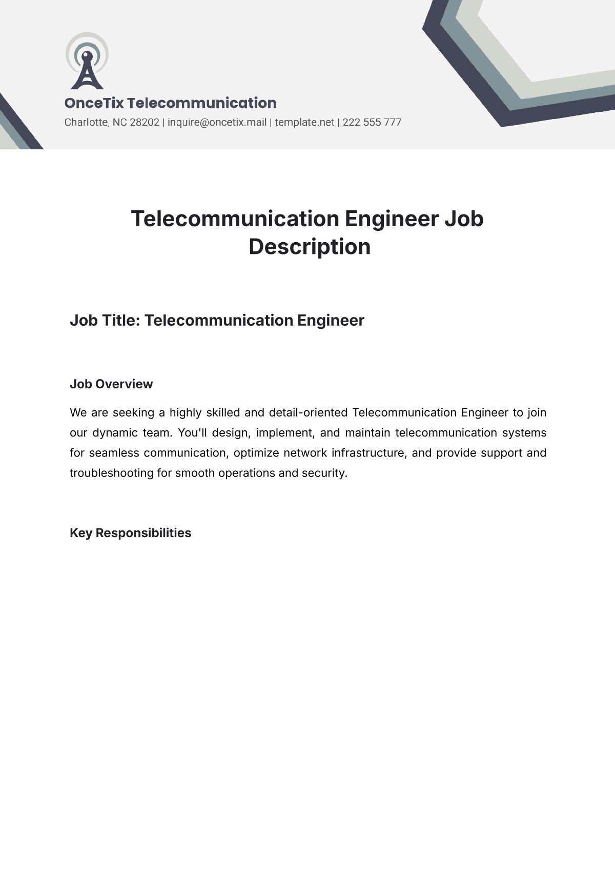 Telecommunication Engineer Job Description Template - Edit Online & Download