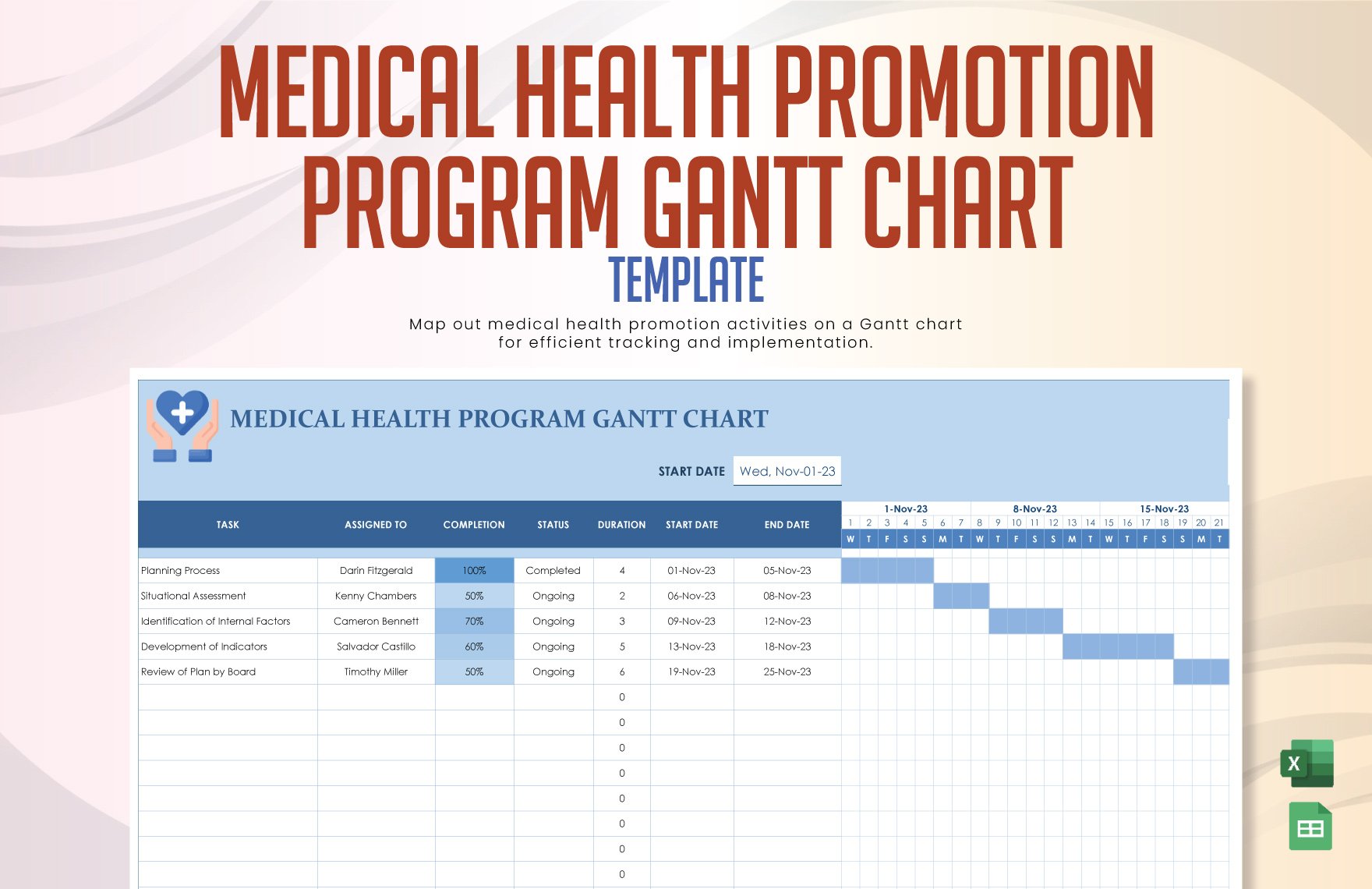 Medical Health Promotion Program Gantt Chart Template in Excel, Google Sheets