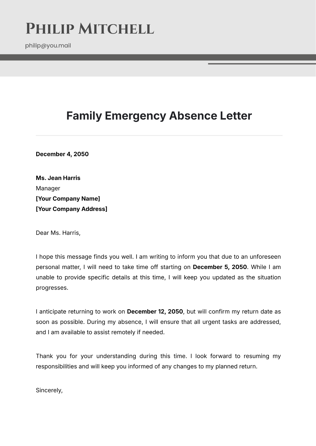 Family Emergency Absence Letter Template