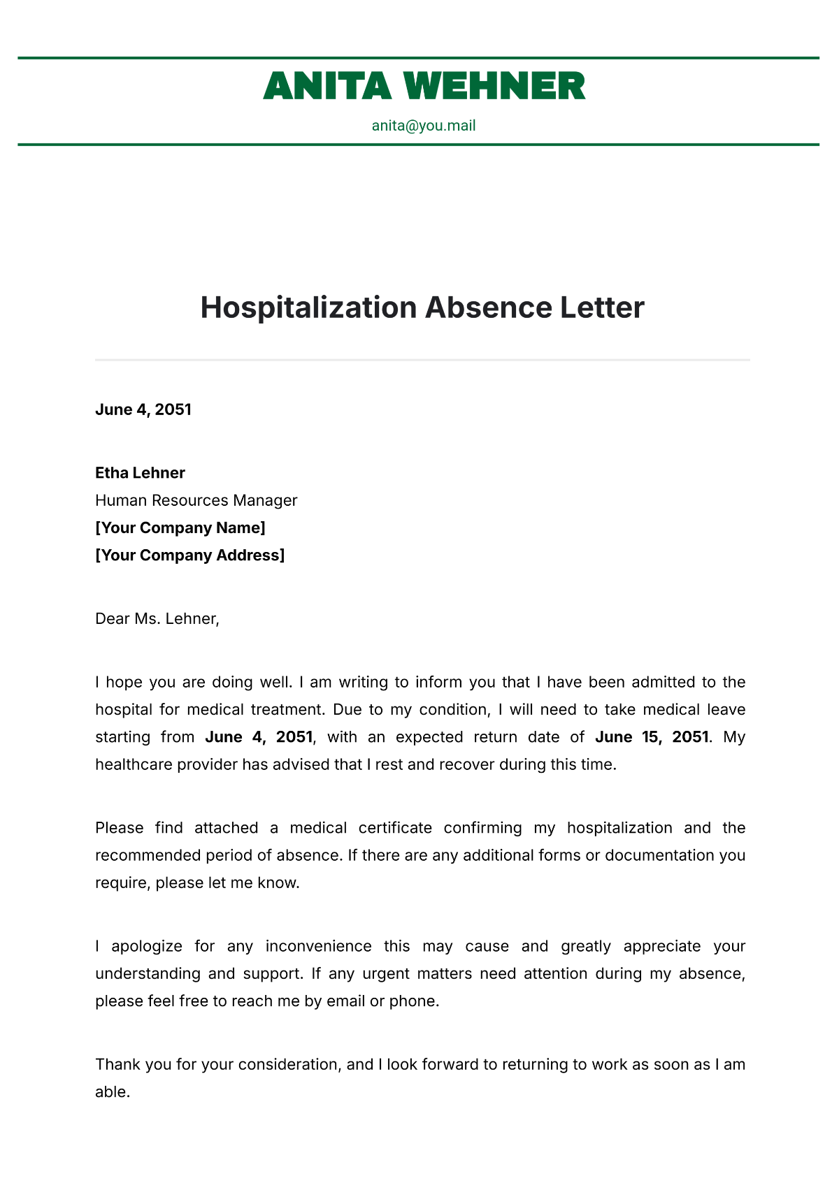 Hospitalization Absence Letter Template