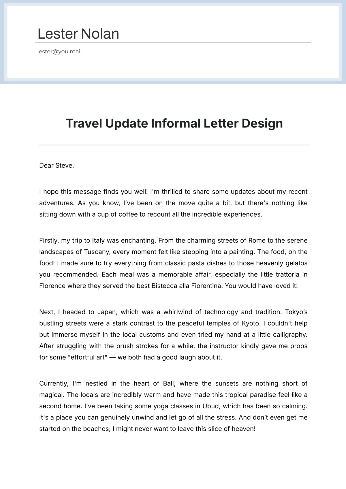 Travel Update Informal Letter Design Template