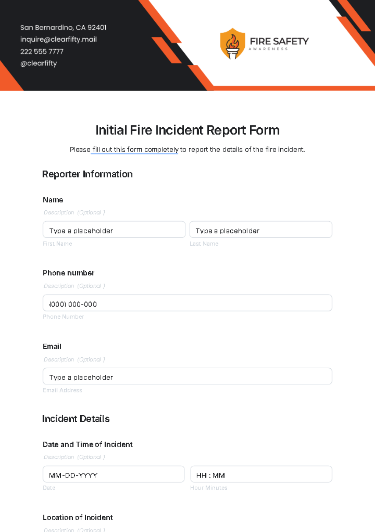 Initial Fire Incident Report Form Template - Edit Online & Download