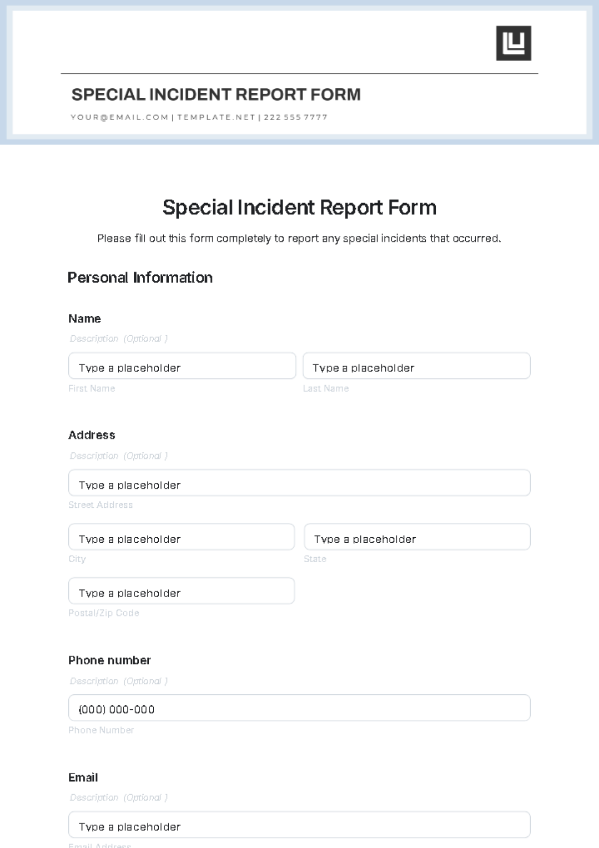 Special Incident Report Form Template - Edit Online & Download