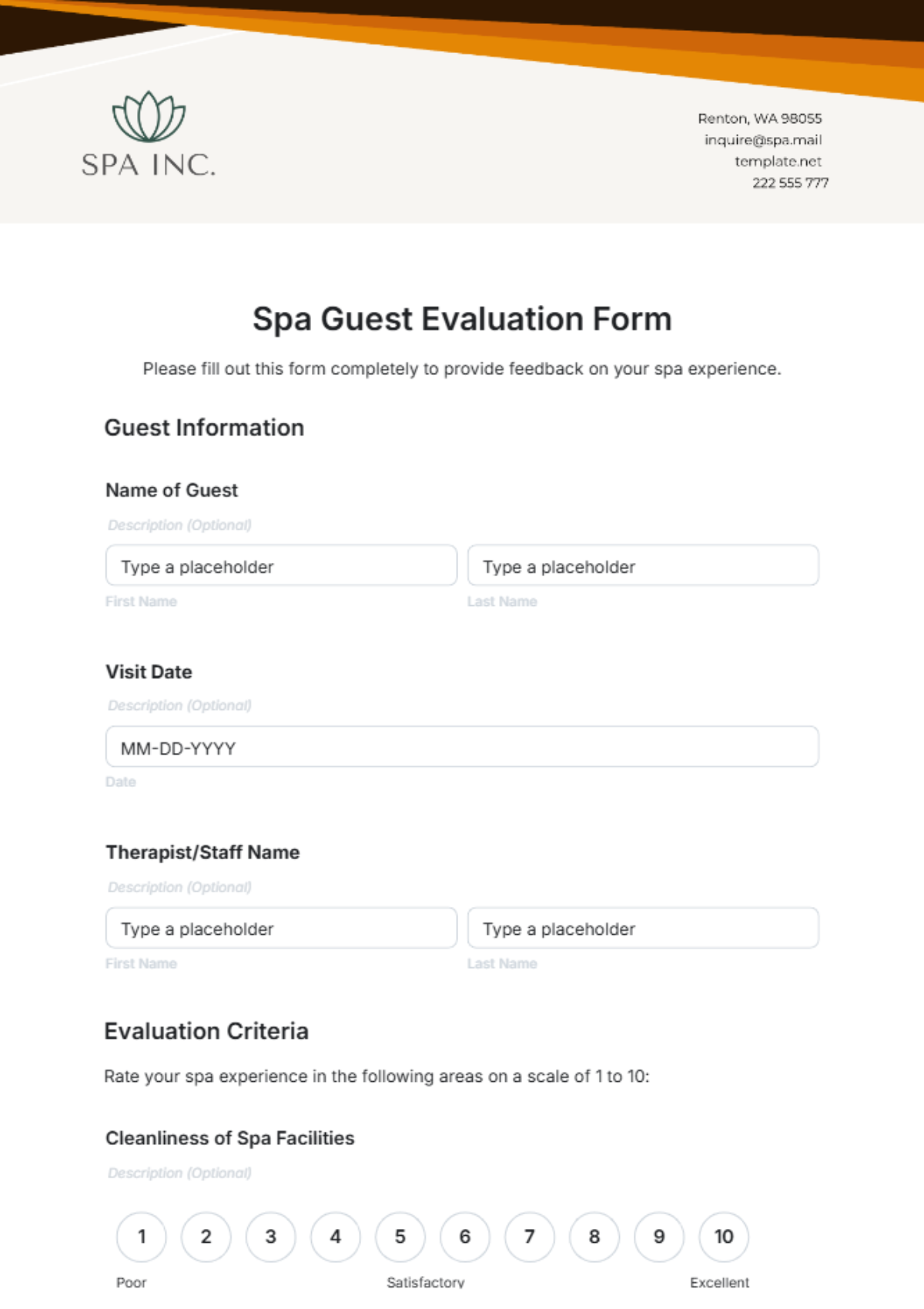 Spa Guest Evaluation Form Template - Edit Online & Download