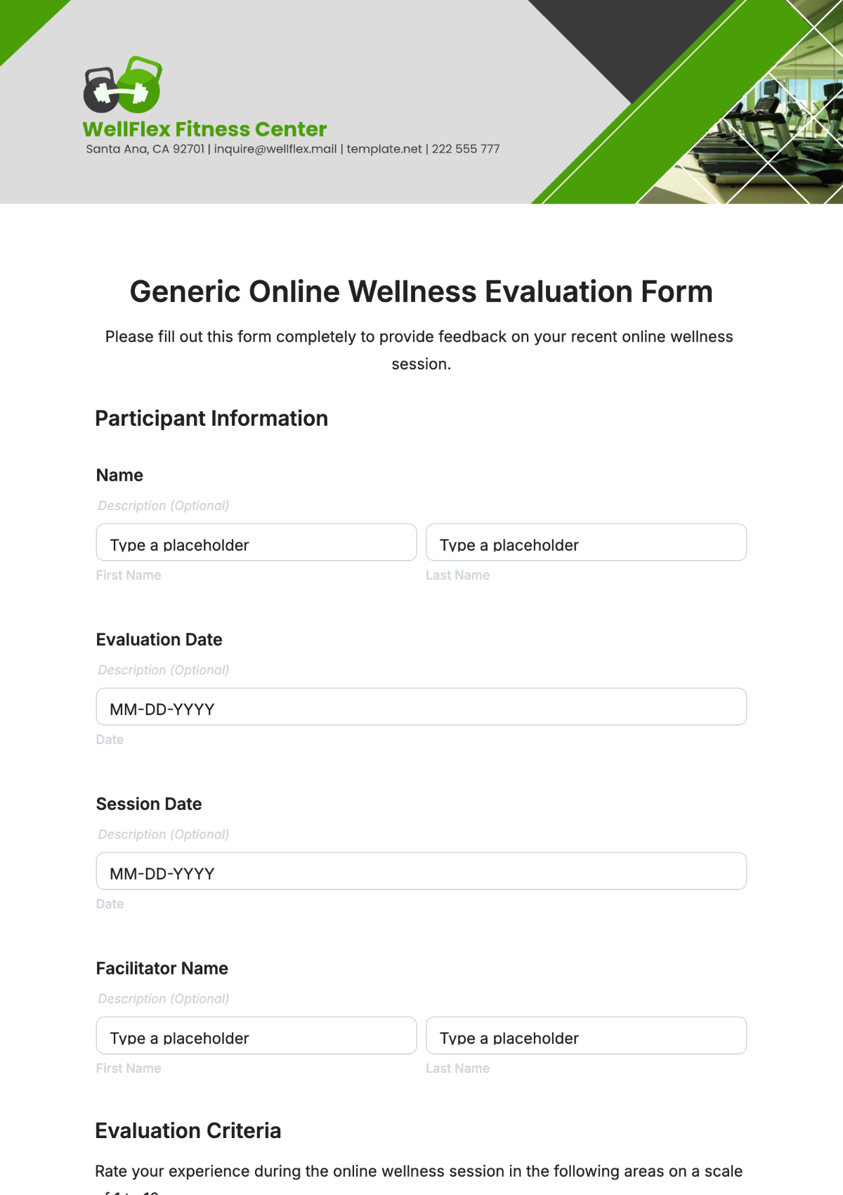 Generic Online Wellness Evaluation Form Template - Edit Online & Download