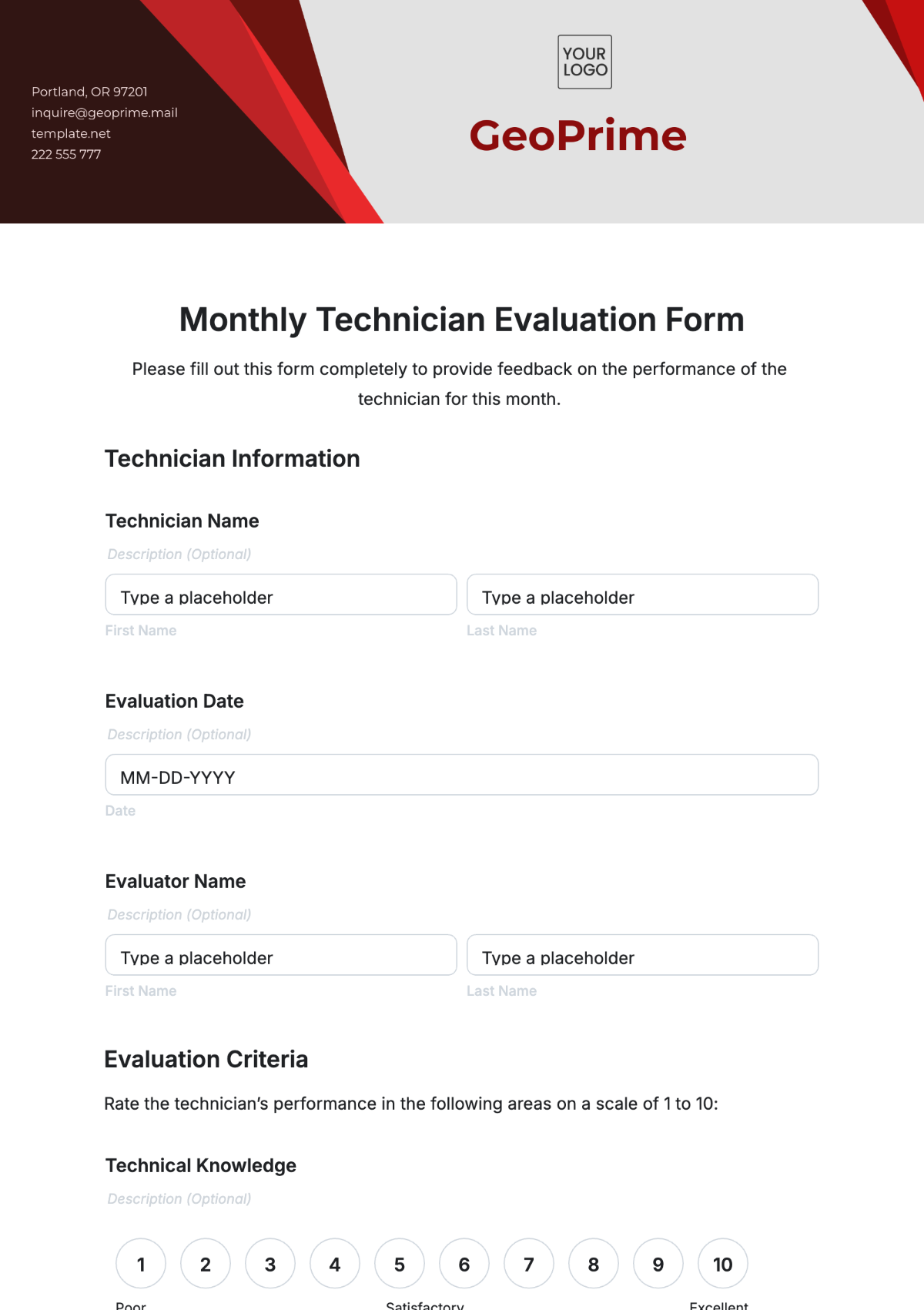 Monthly Technician Evaluation Form Template - Edit Online & Download