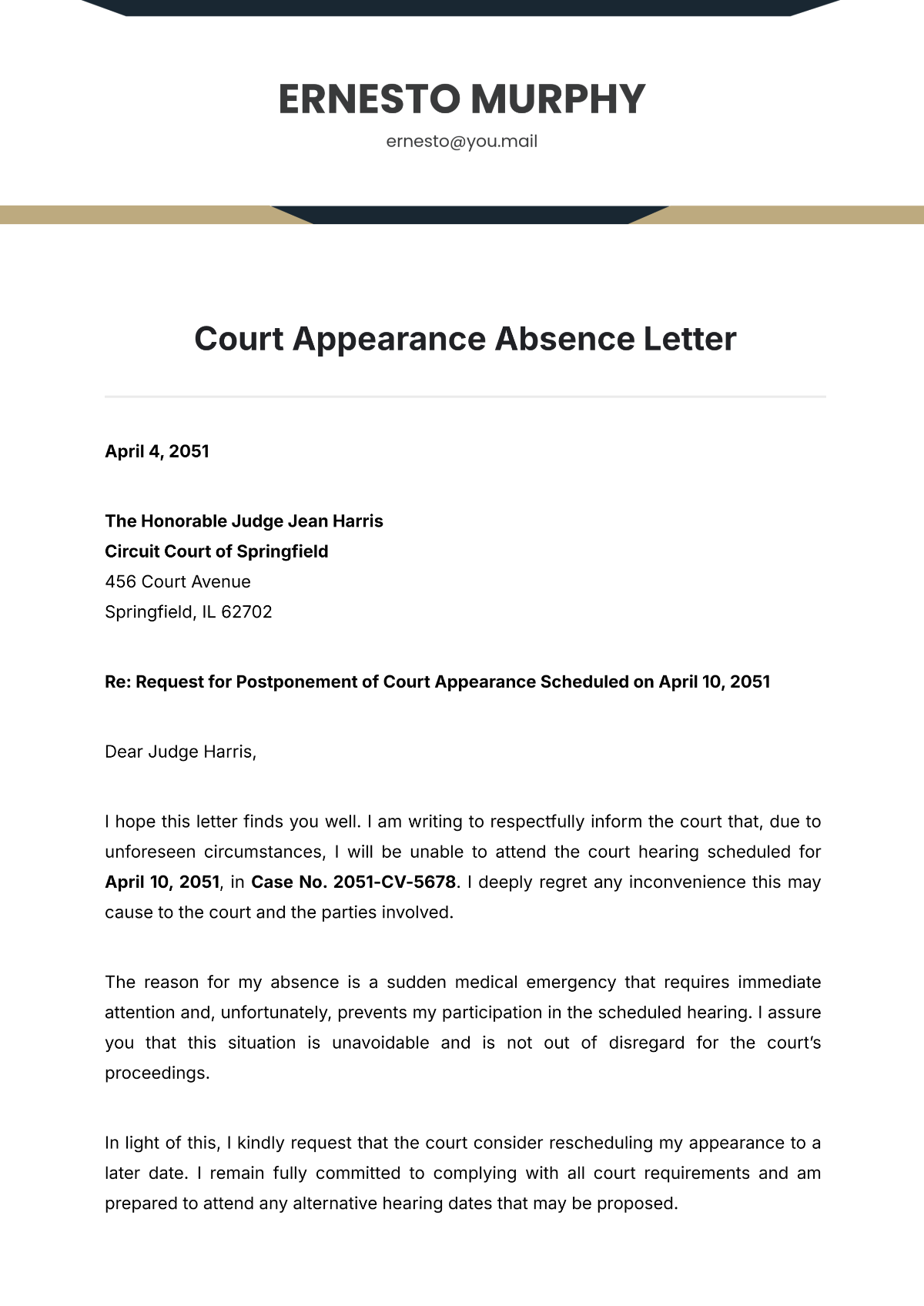 Court Appearance Absence Letter Template - Edit Online & Download