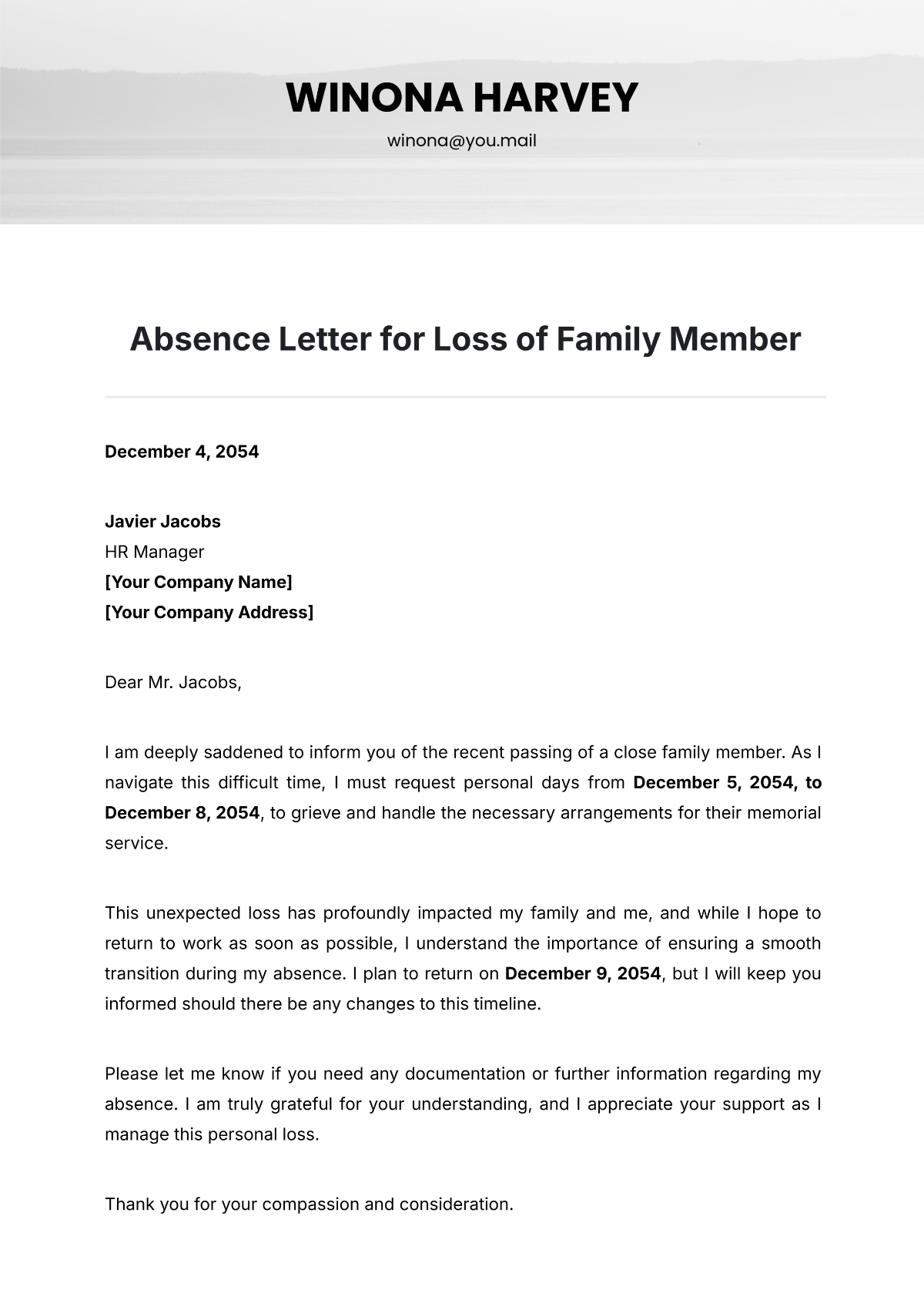 Absence Letter for Loss of Family Member Template - Edit Online & Download