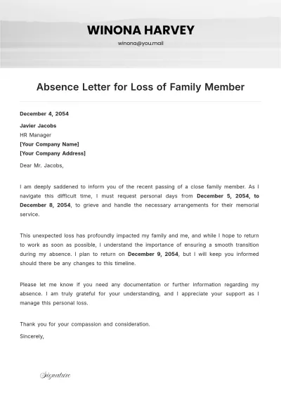 Free Absence Letter for Loss of Family Member Template to Edit Online