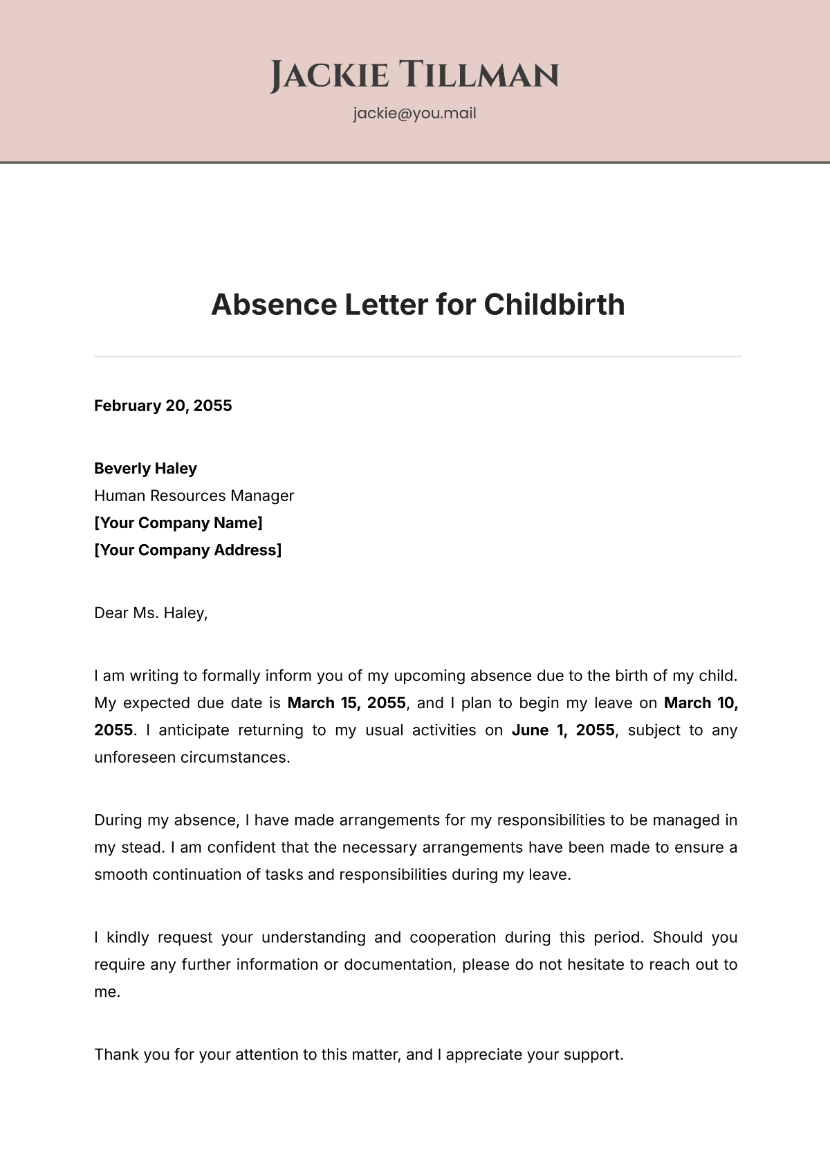 Absence Letter for Childbirth Template - Edit Online & Download