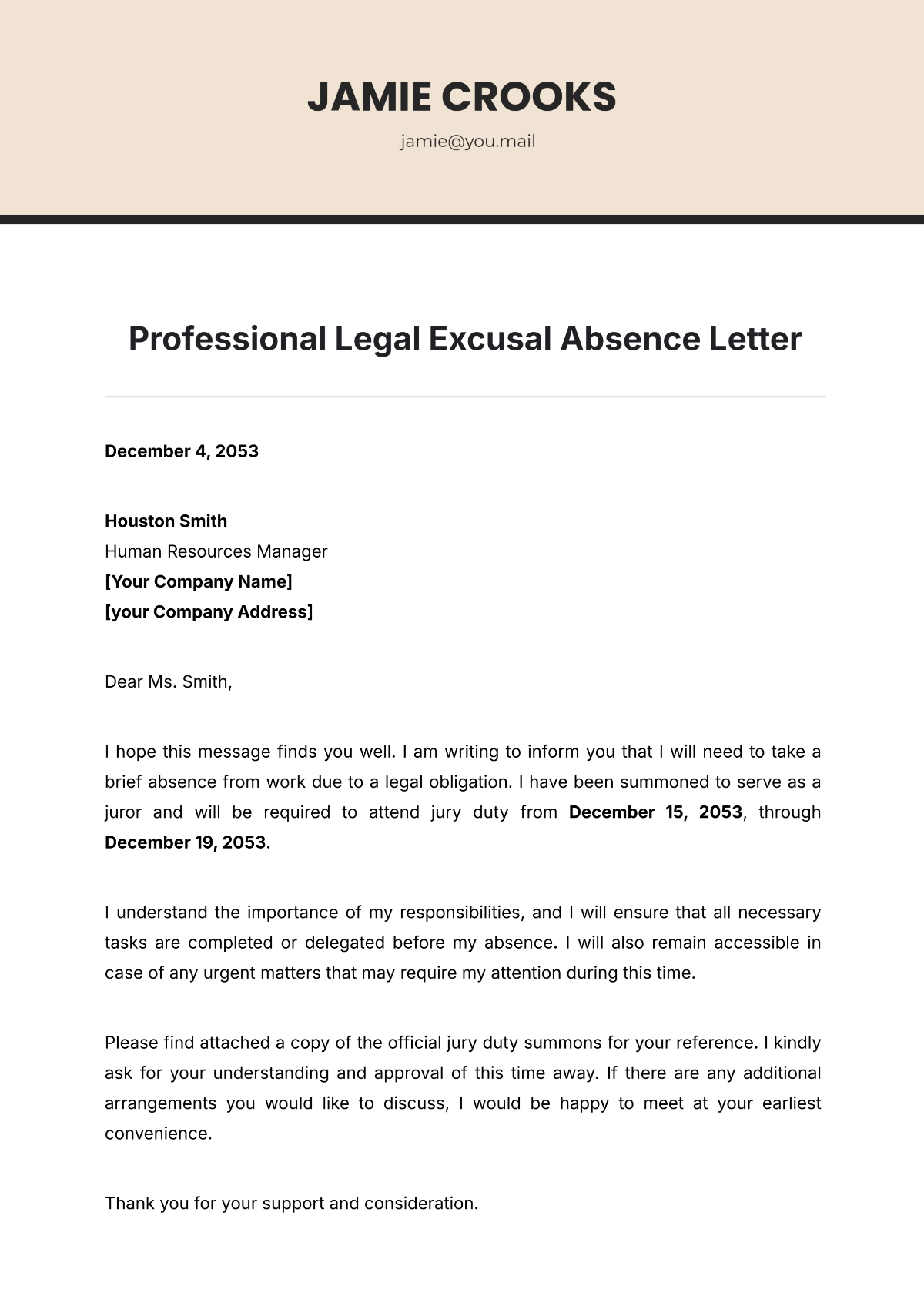 Professional Legal Excusal Absence Letter Template - Edit Online & Download