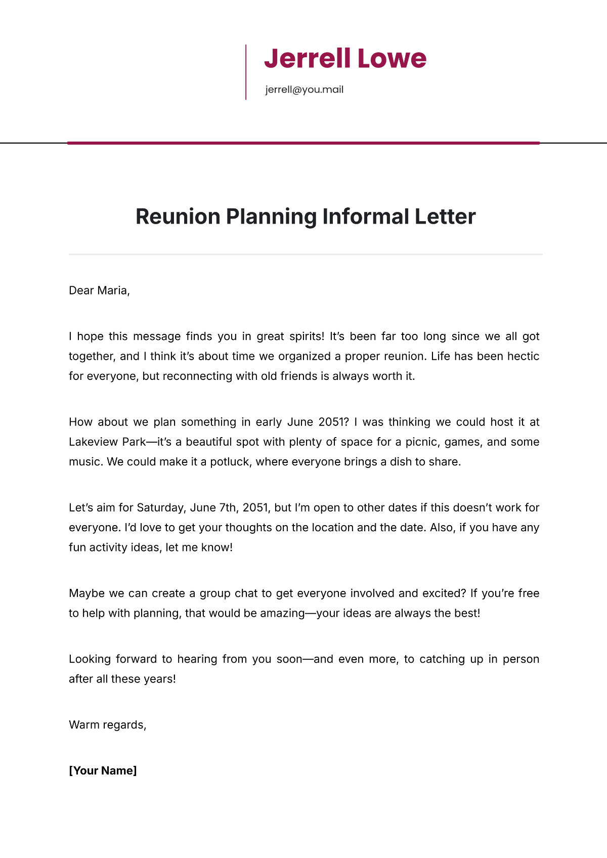 Reunion Planning Informal Letter Template