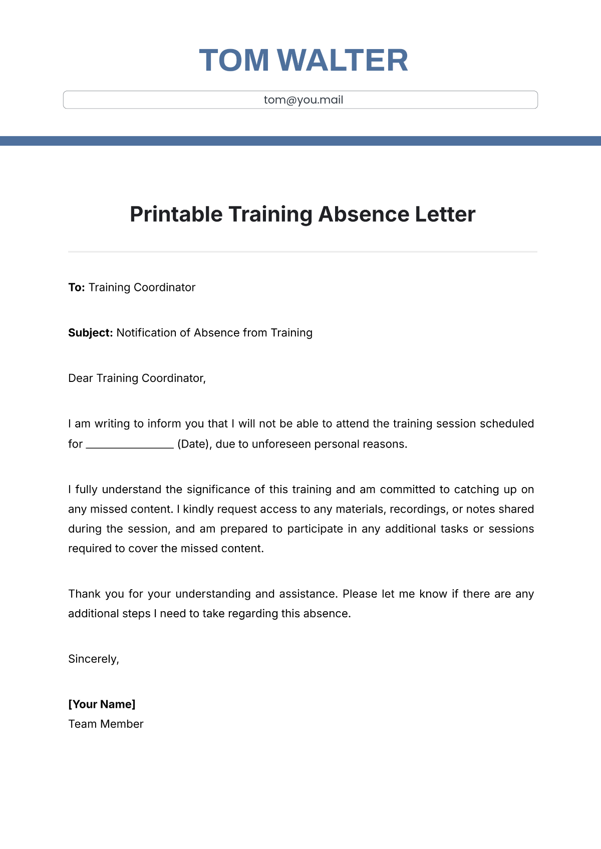 Printable Training Absence Letter Template - Edit Online & Download