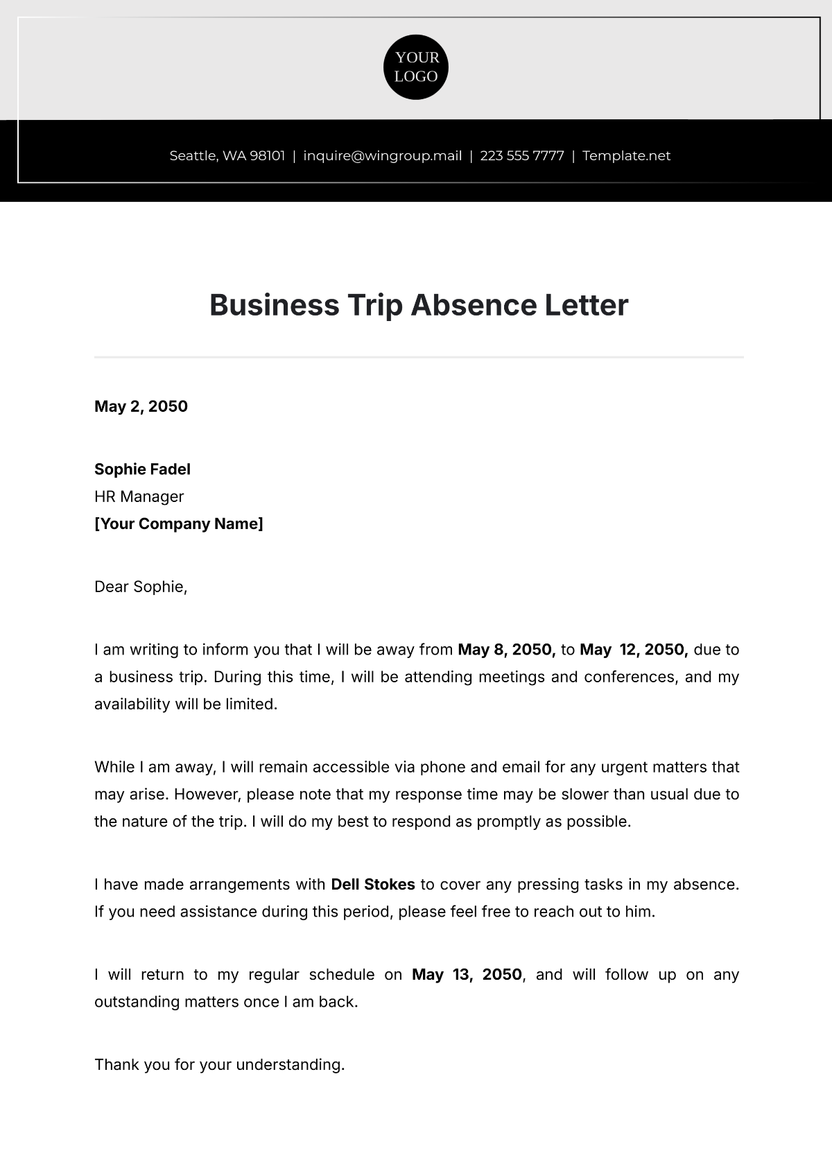 Business Trip Absence Letter Template - Edit Online & Download