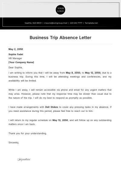 Free Business Trip Absence Letter Template to Edit Online