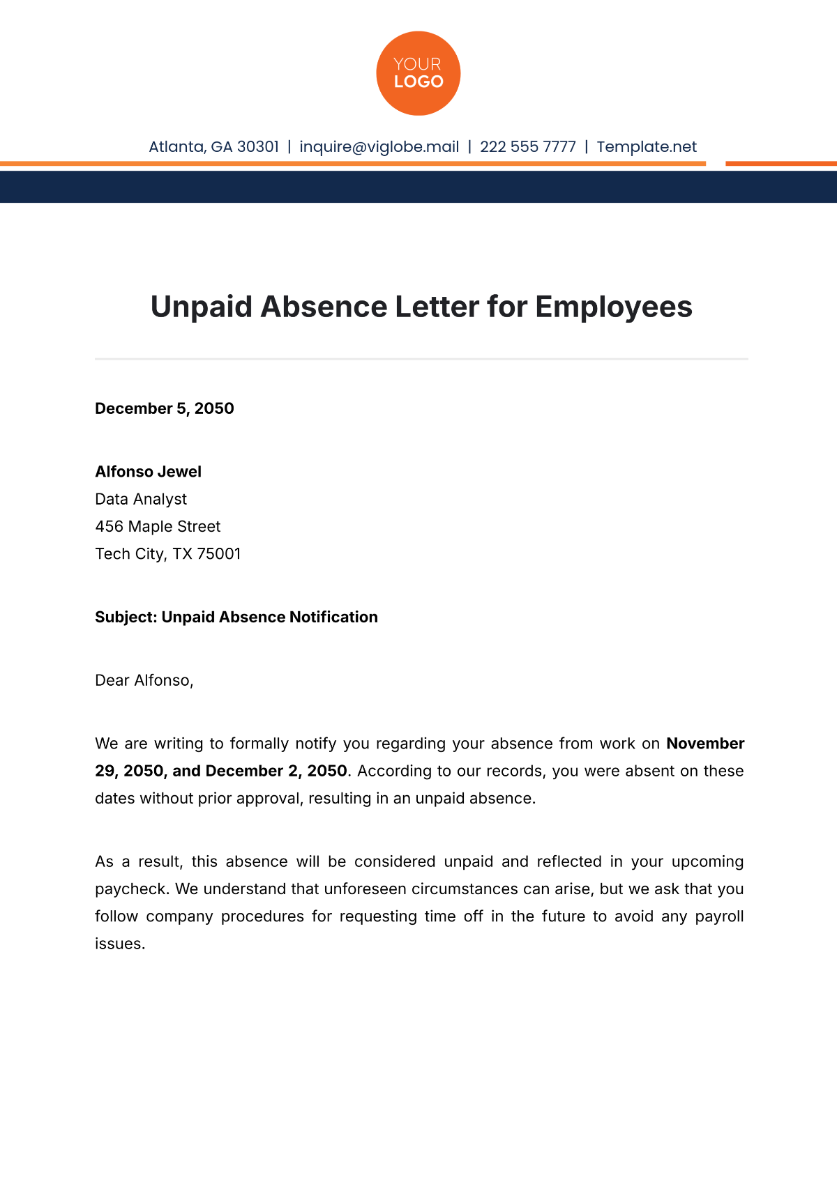 Unpaid Absence Letter for Employees Template - Edit Online & Download