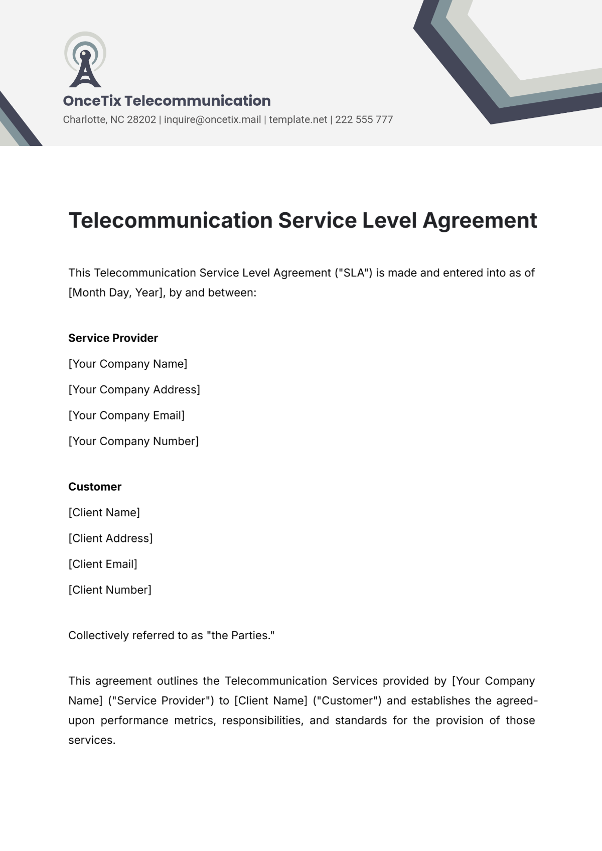 Telecommunication Service Level Agreement Template - Edit Online & Download