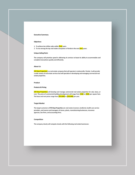 Commercial Real Estate Business Plan Template - Google Docs, Word 