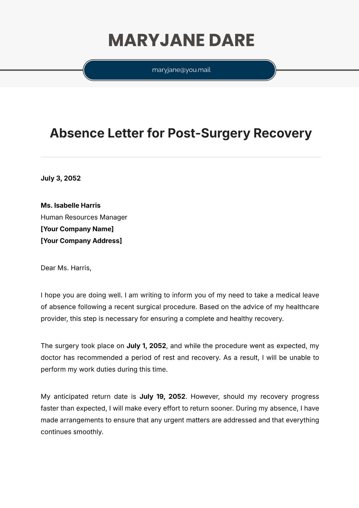 Absence Letter for Post-Surgery Recovery Template - Edit Online & Download