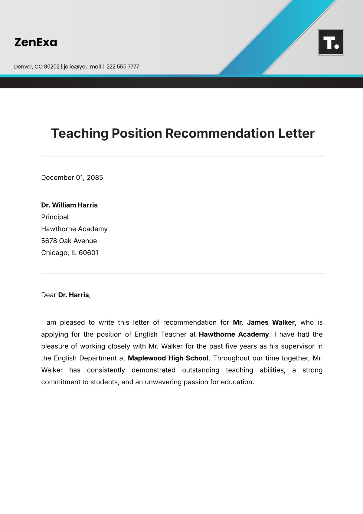 Teaching Position Recommendation Letter Template - Edit Online & Download