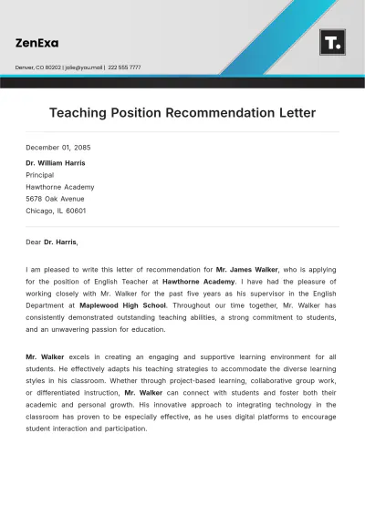 Free Teaching Position Recommendation Letter Template to Edit Online