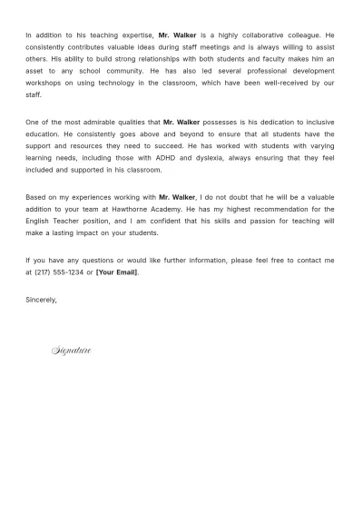 Free Teaching Position Recommendation Letter Template to Edit Online