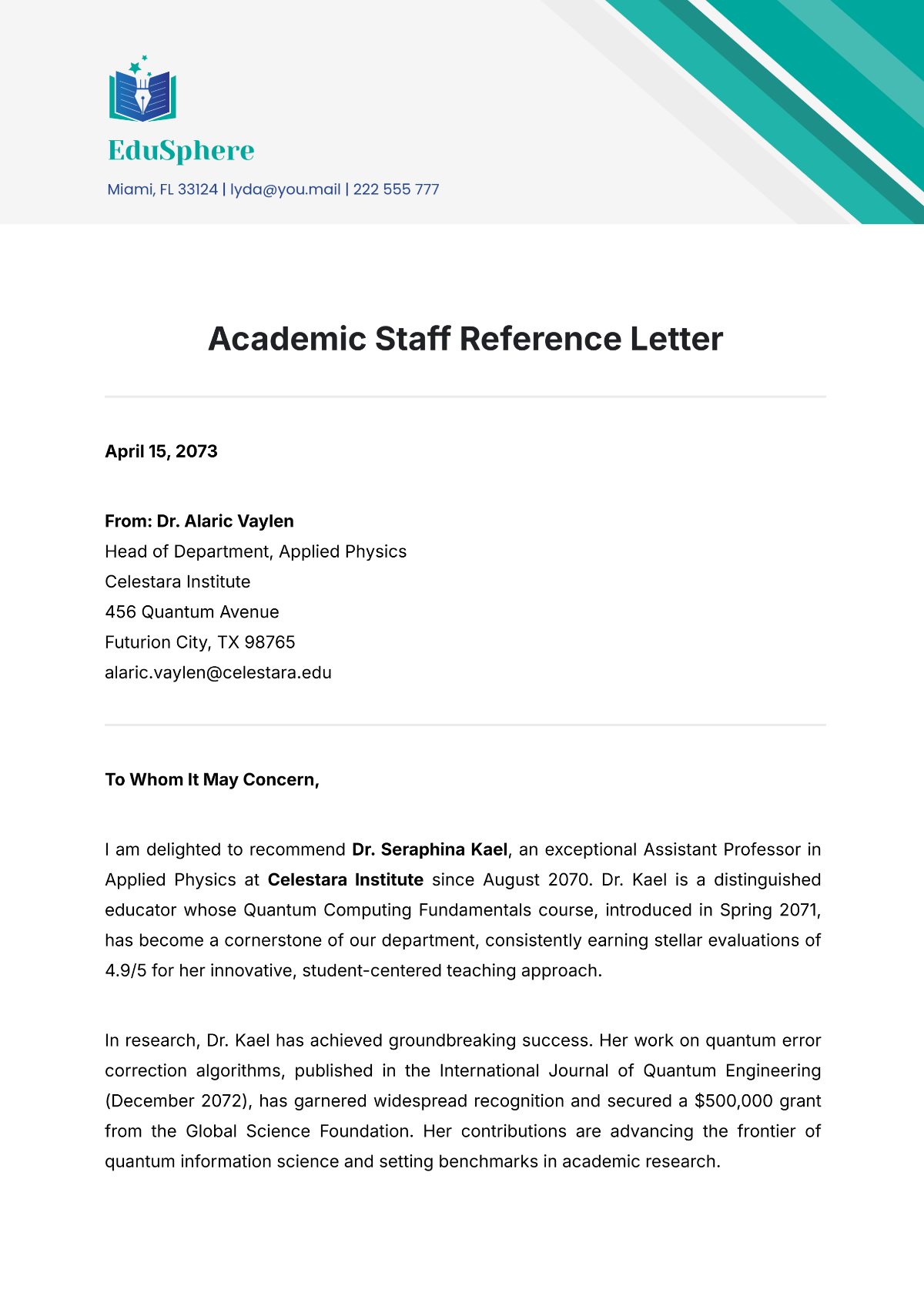 Academic Staff Reference Letter Template - Edit Online & Download