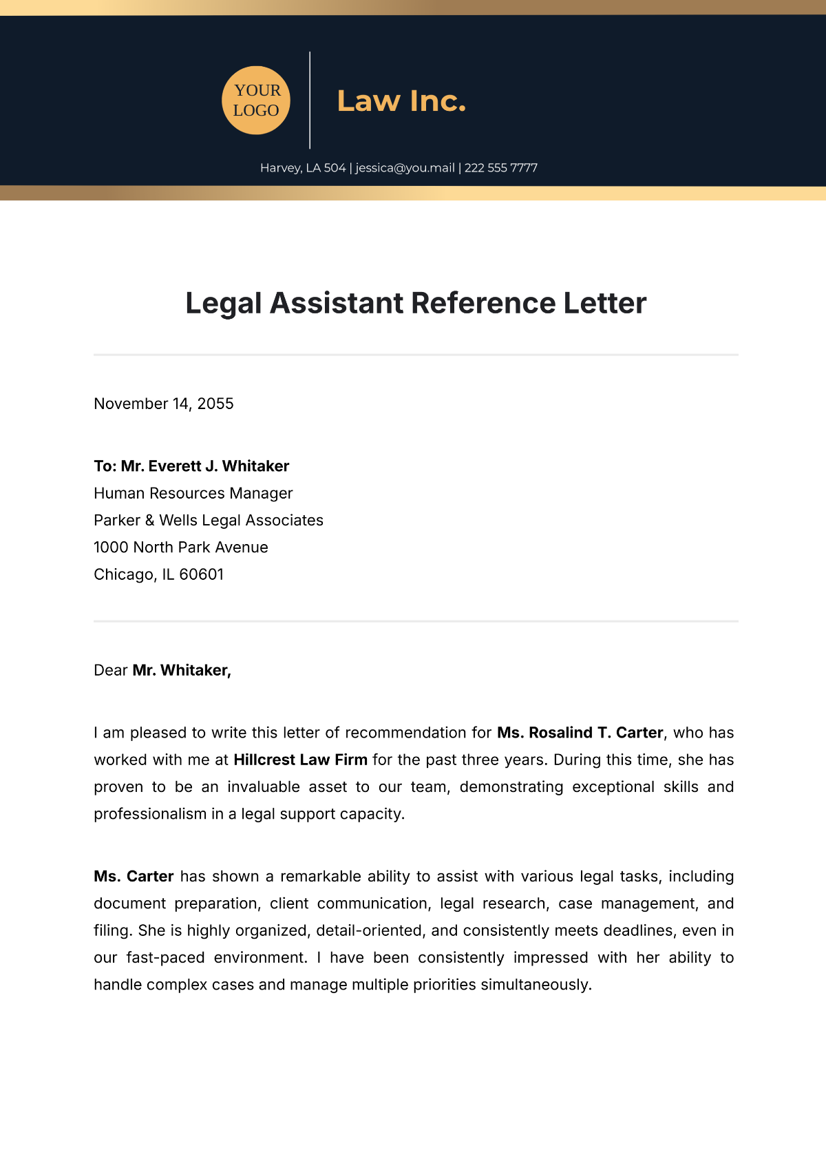 Legal Assistant Reference Letter Template - Edit Online & Download