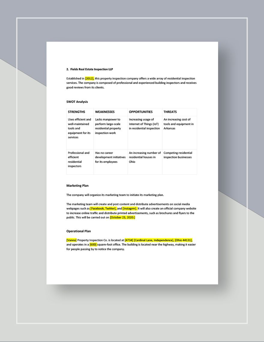 Business Property Inspection Business Plan Template