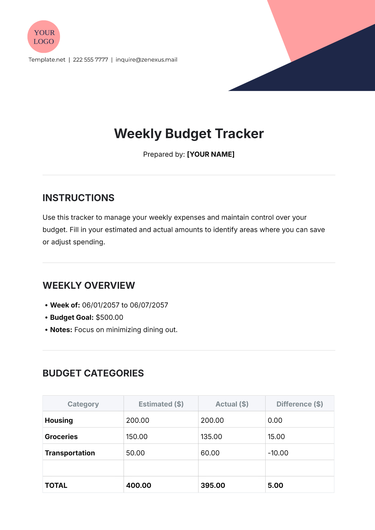 Weekly Budget Tracker Template - Edit Online & Download