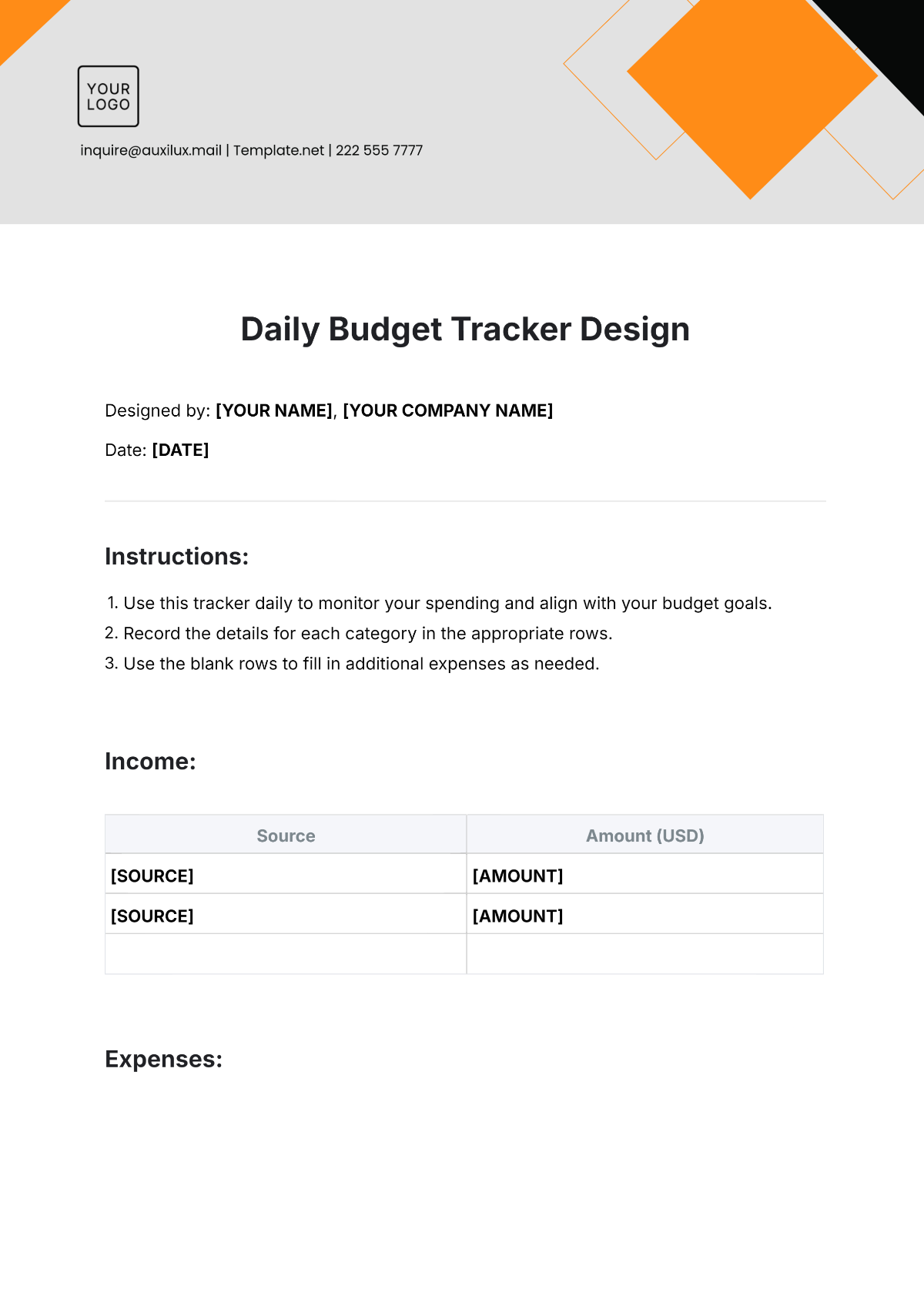 Daily Budget Tracker Design Template - Edit Online & Download