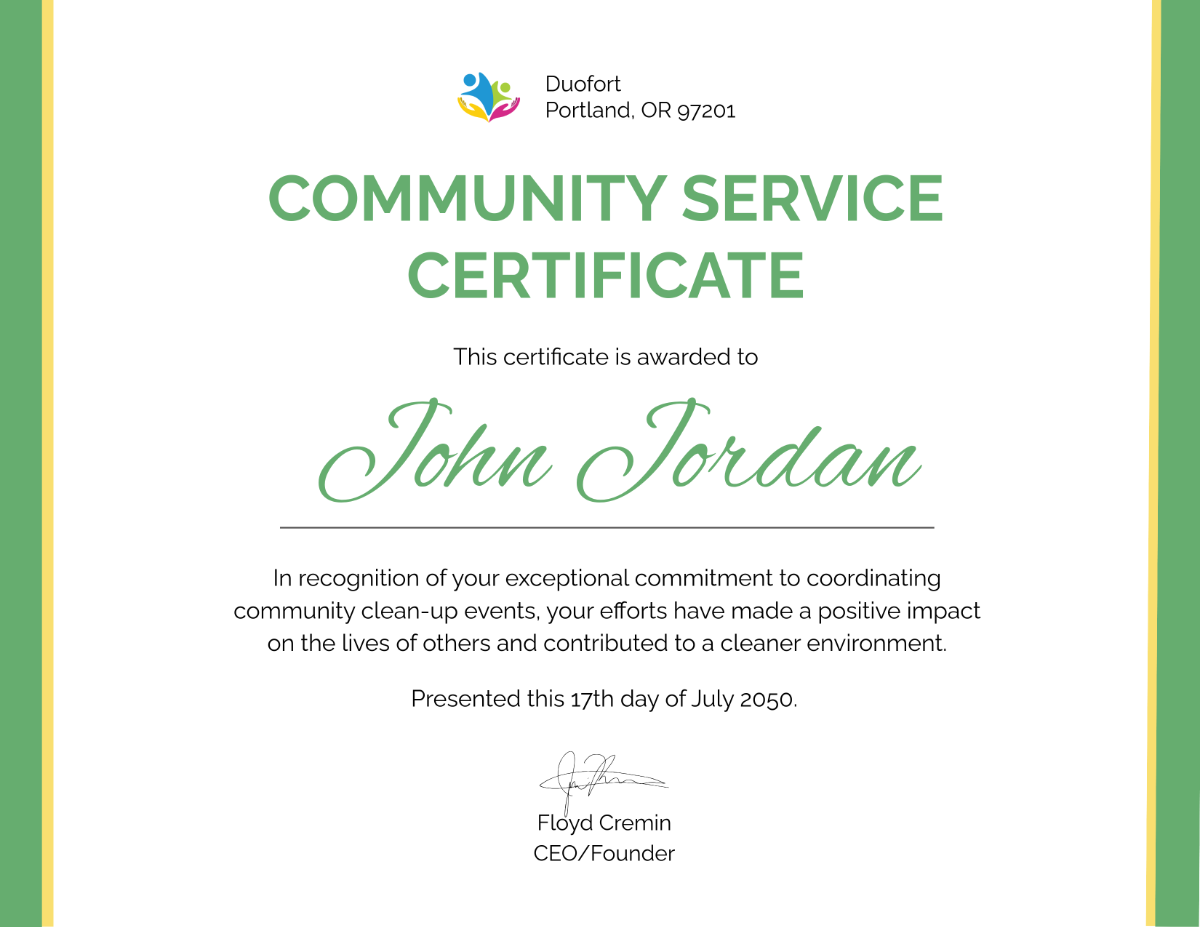 Free Minimalist Community Service Certificate Template - Edit Online & Download