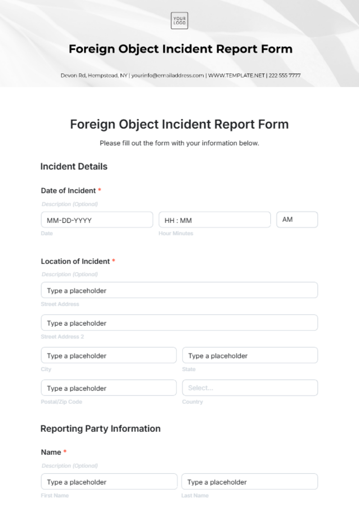 Foreign Object Incident Report Form Template - Edit Online & Download