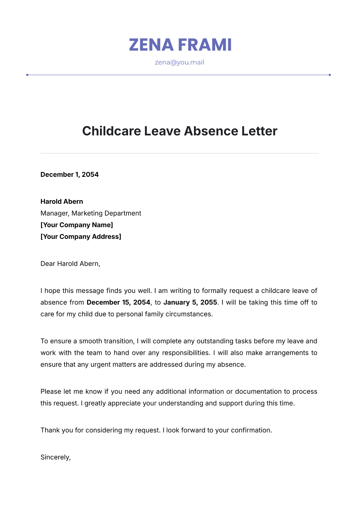 Childcare Leave Absence Letter Template - Edit Online & Download