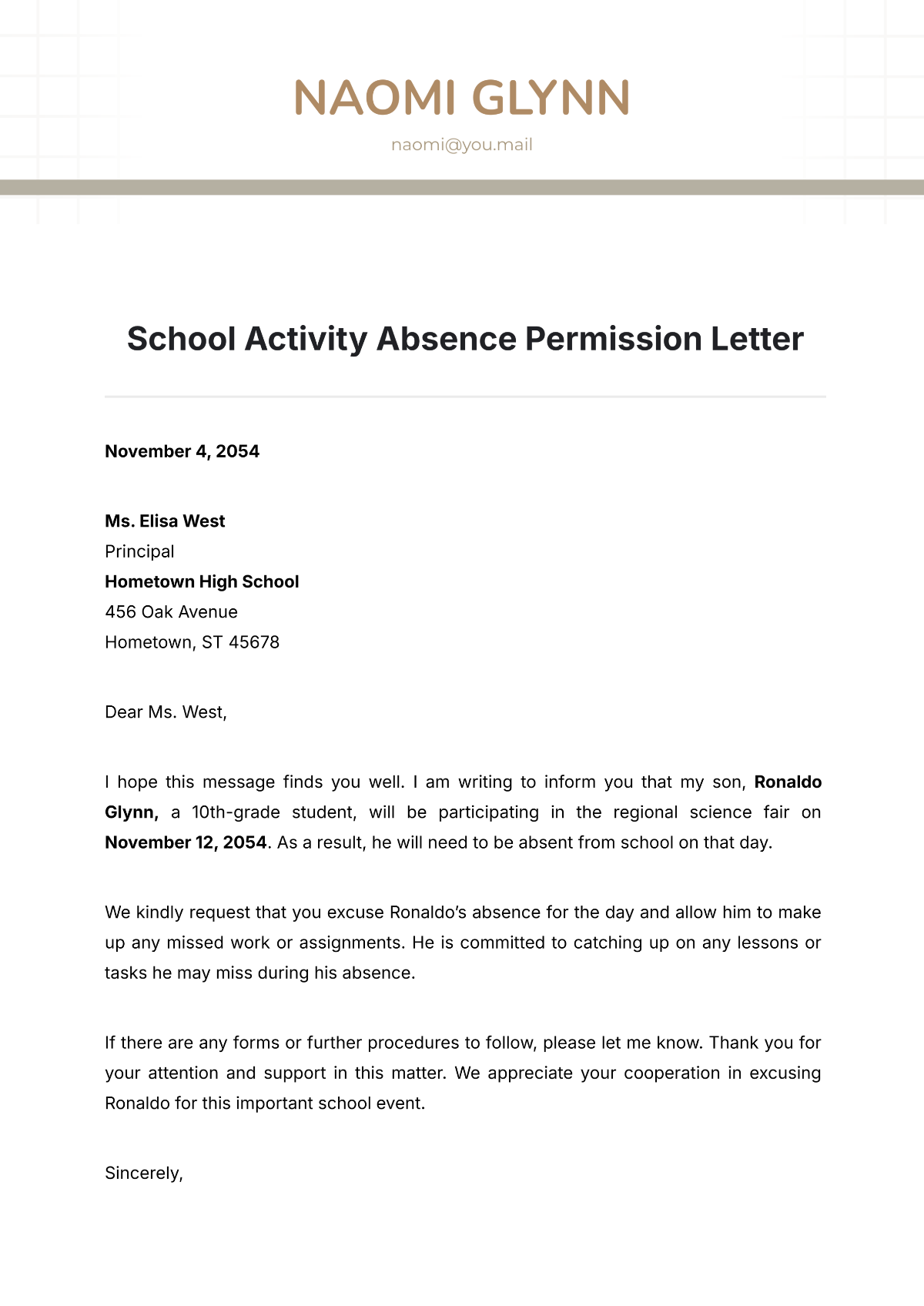 School Activity Absence Permission Letter Template - Edit Online & Download