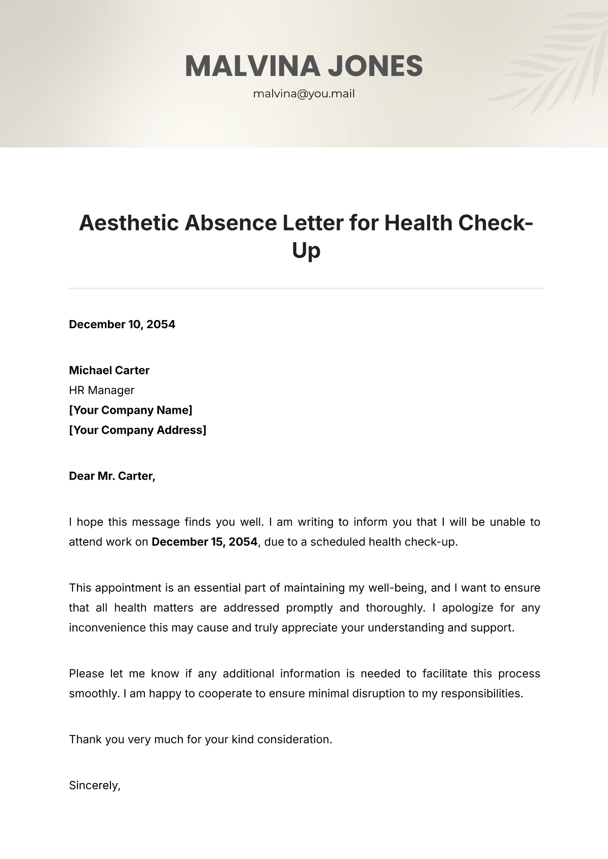 Aesthetic Absence Letter for Health Check-Up Template - Edit Online & Download