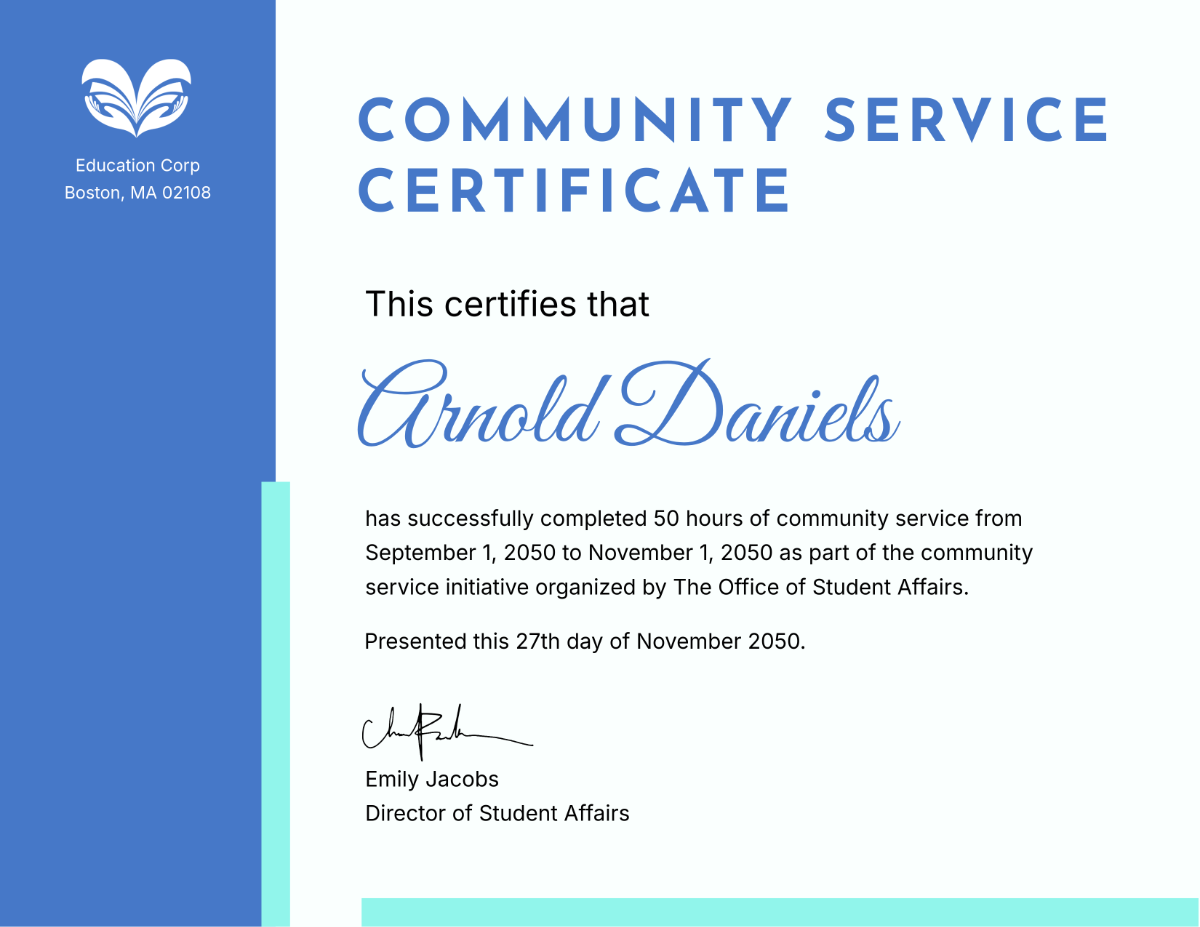 Free Community Service Certificate for College Students Template - Edit Online & Download