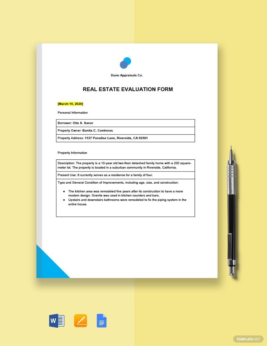 Real Estate Evaluation Form Template
