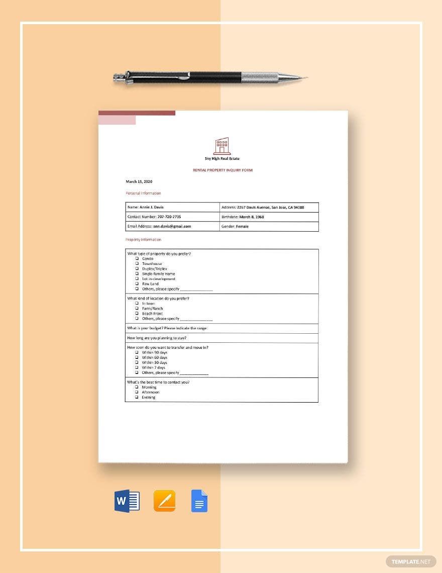Rental Property Inquiry Form Template