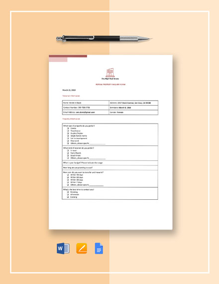 Rental Property Inquiry Form Template - Word | Apple Pages | Google Docs